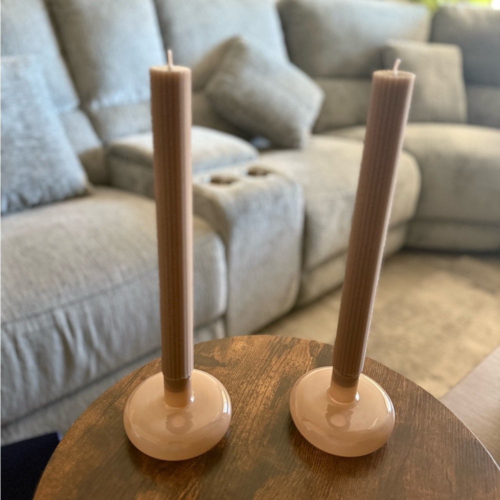 Candles- ribbed taper (2) & round candle holders (2)